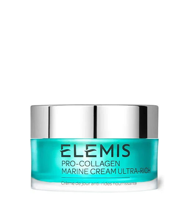 קרם לחות ELEMIS Pro-Collagen Marine Cream באריזה כסופה וכחולה, מוצר טיפוח יוקרתי מבית CHOZEN