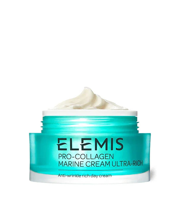 קרם פנים יוקרתי ELEMIS PRO-COLLAGEN בגוון טורקיז על רקע לבן, מוצר אנטי אייג'ינג של מותג עולמי