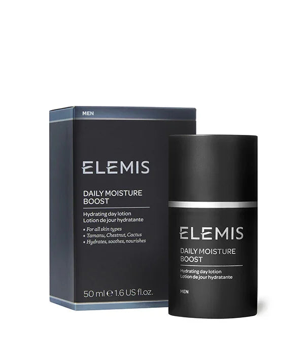 קרם פנים לגבר ELEMIS DAILY MOISTURE BOOST עם אריזה שחורה, מוצר טיפוח פרימיום באתר CHOZEN