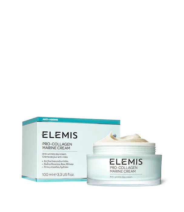 קרם פנים Elemis Pro-Collagen Marine Cream ליד האריזה, מותג איכותי מבית קבוצת אלפא