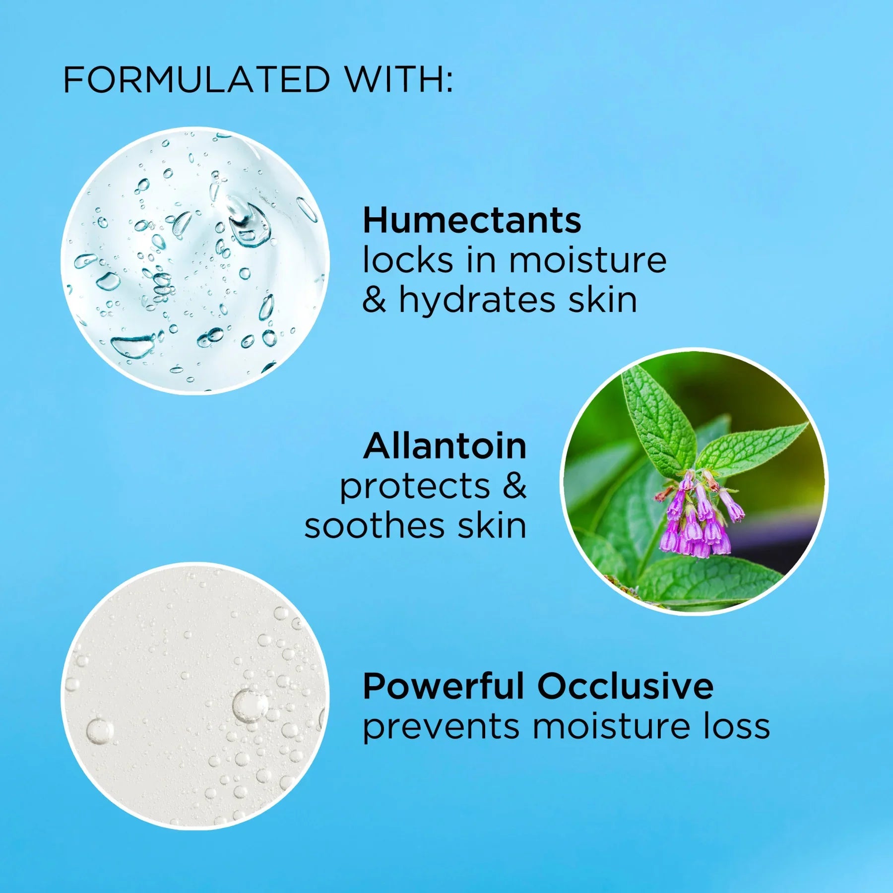 מרכיבי לחות לאוקלוסיב פעיל ואלנטואין על רקע כחול, חלק מתכשיר טיפוח עור מבית CHOZEN