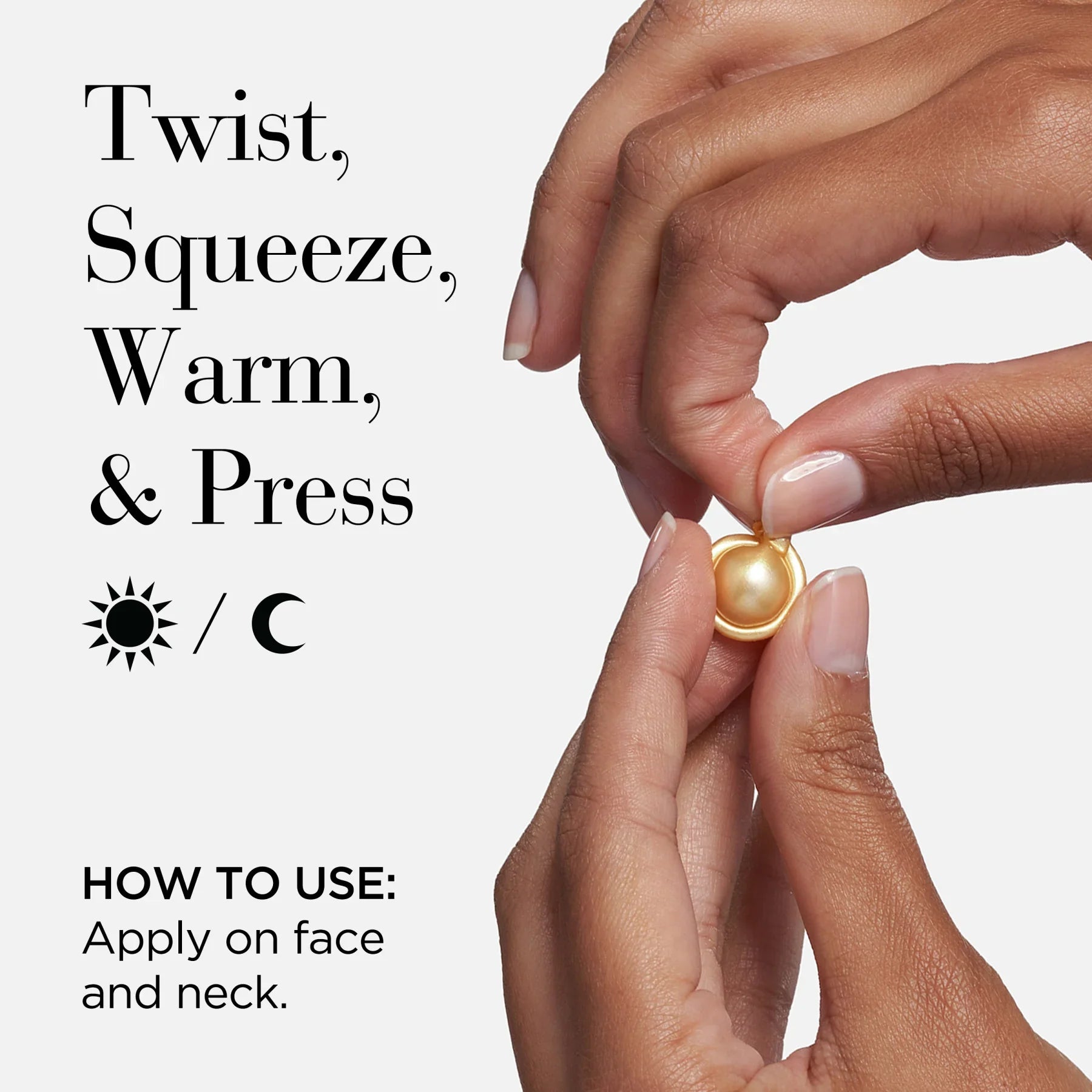 ידיים מחזיקות כמוסה זהובה של מוצר טיפוח עור, הוראות שימוש לצד שם המותג CHOZEN