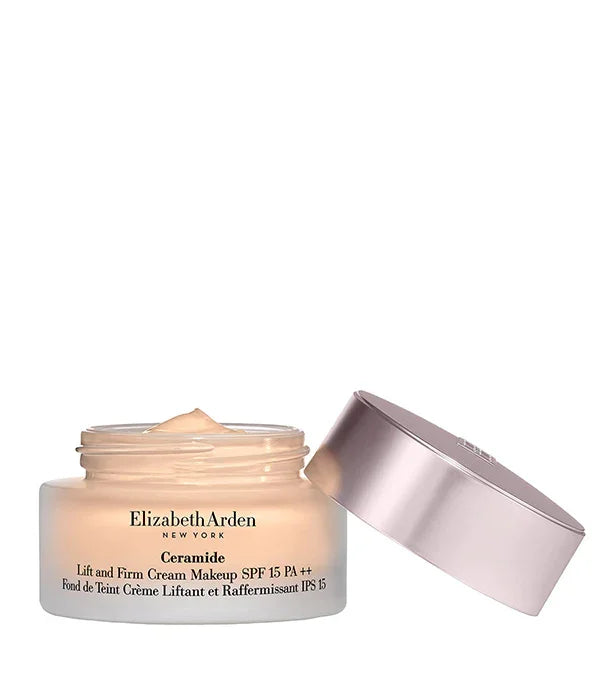 קרם מייקאפ אליזבת ארדן Ceramide במארז זכוכית עם מכסה פתוח, מוצר טיפוח CHOZEN