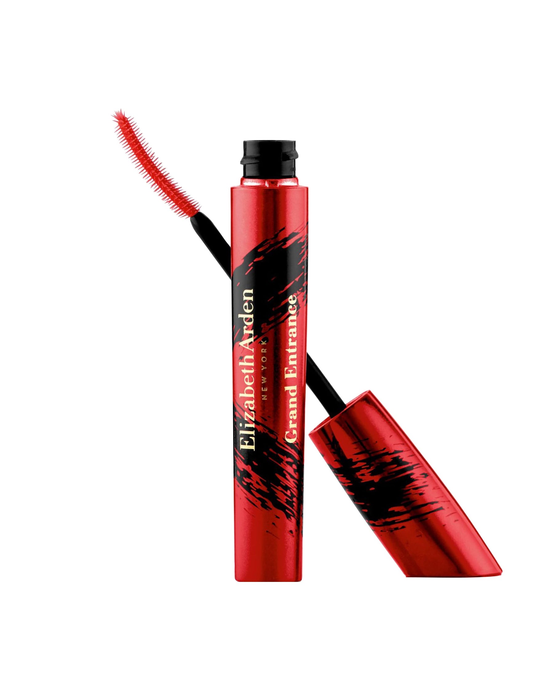 מסקרה אדומה עם מברשת מעוקלת לעיבוי והארכת ריסים, כיתוב על האריזה