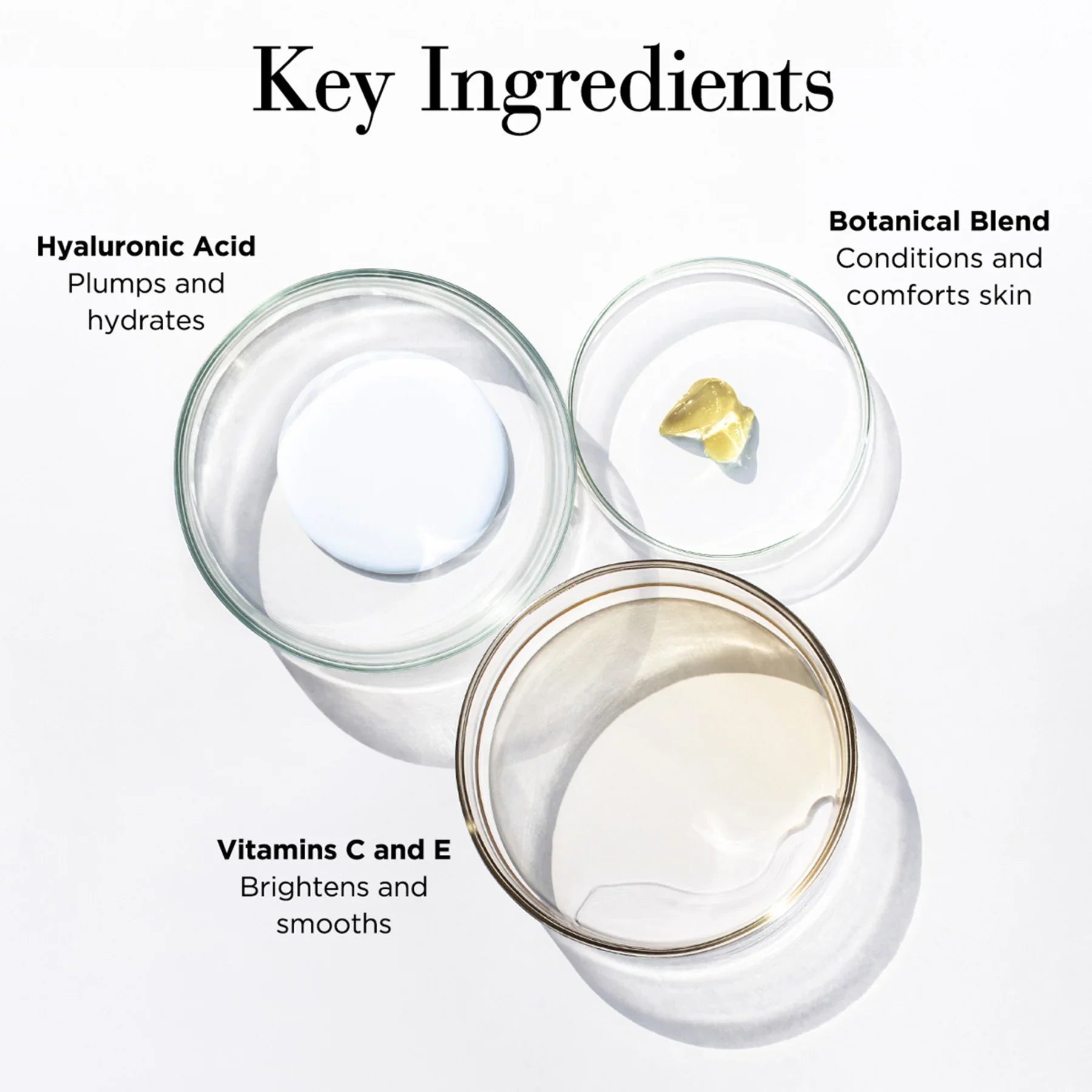 רכיבים עיקריים של מוצר טיפוח CHOZEN: חומצה היאלורונית, תמצית בוטנית, ויטמינים C ו-E בקערות זכוכית
