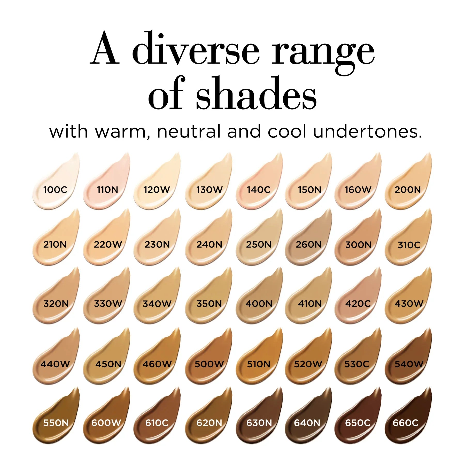 טווח רחב של גווני מייקאפ עם תת גוון חם, נייטרלי וקר, מוצג על רקע לבן, CHOZEN, קבוצת אלפא