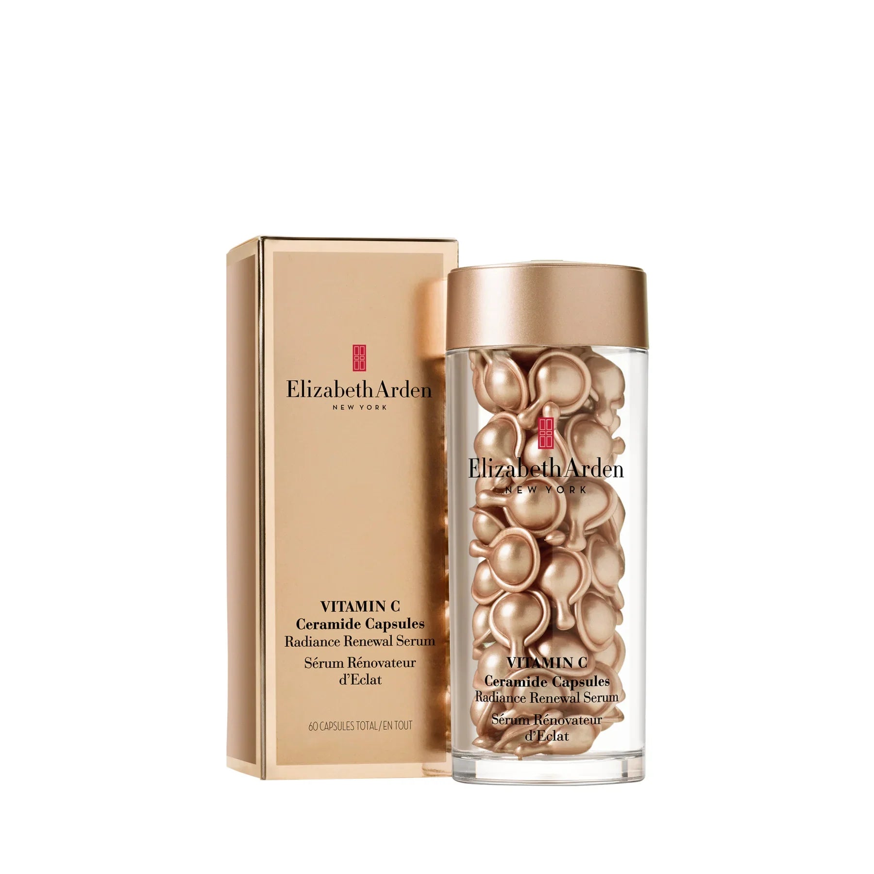 קפסולות ויטמין C של Elizabeth Arden, מוצר טיפוח יוקרתי על רקע לבן, מבית CHOZEN