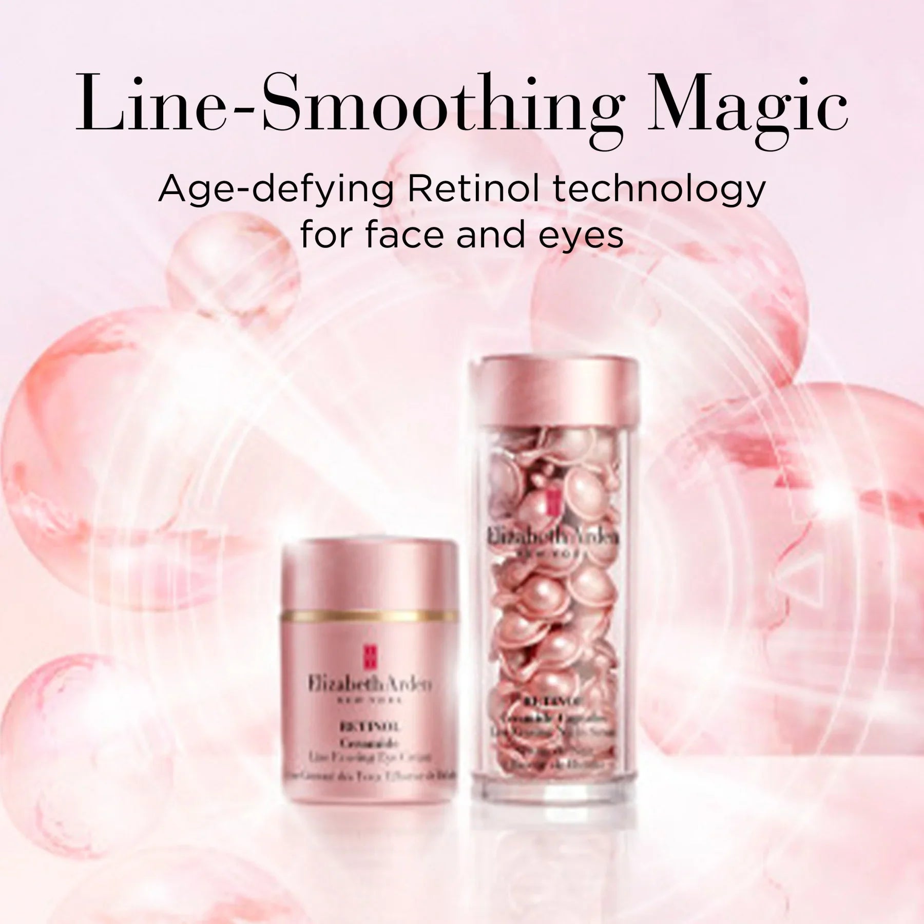 מוצרי Elizabeth Arden רטינול לפנים ולעיניים בעיצוב ורוד על רקע ורוד, יבואן קבוצת אלפא