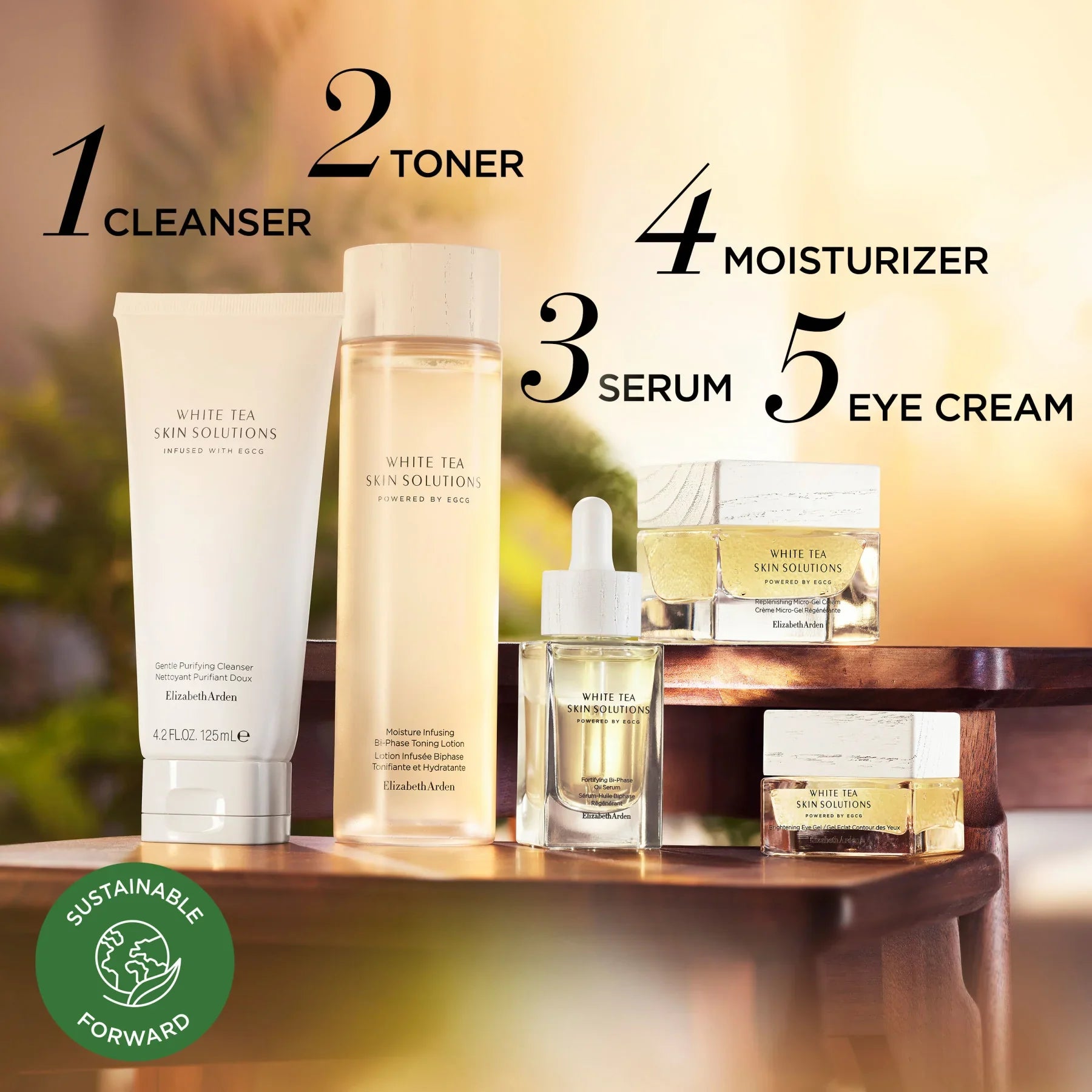 סט מוצרי טיפוח עור Elizabeth Arden White Tea על שולחן עץ, כולל קלינסר, טונר, סרום, קרם לחות וקרם עיניים