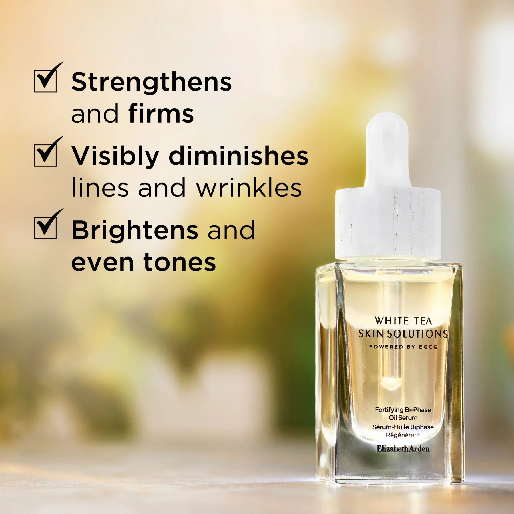 סרום שמן דו-פאזי Elizabeth Arden White Tea Skin Solutions מוצג ברקע טבעי, פתרון לחיזוק והבהרת עור, CHOZEN