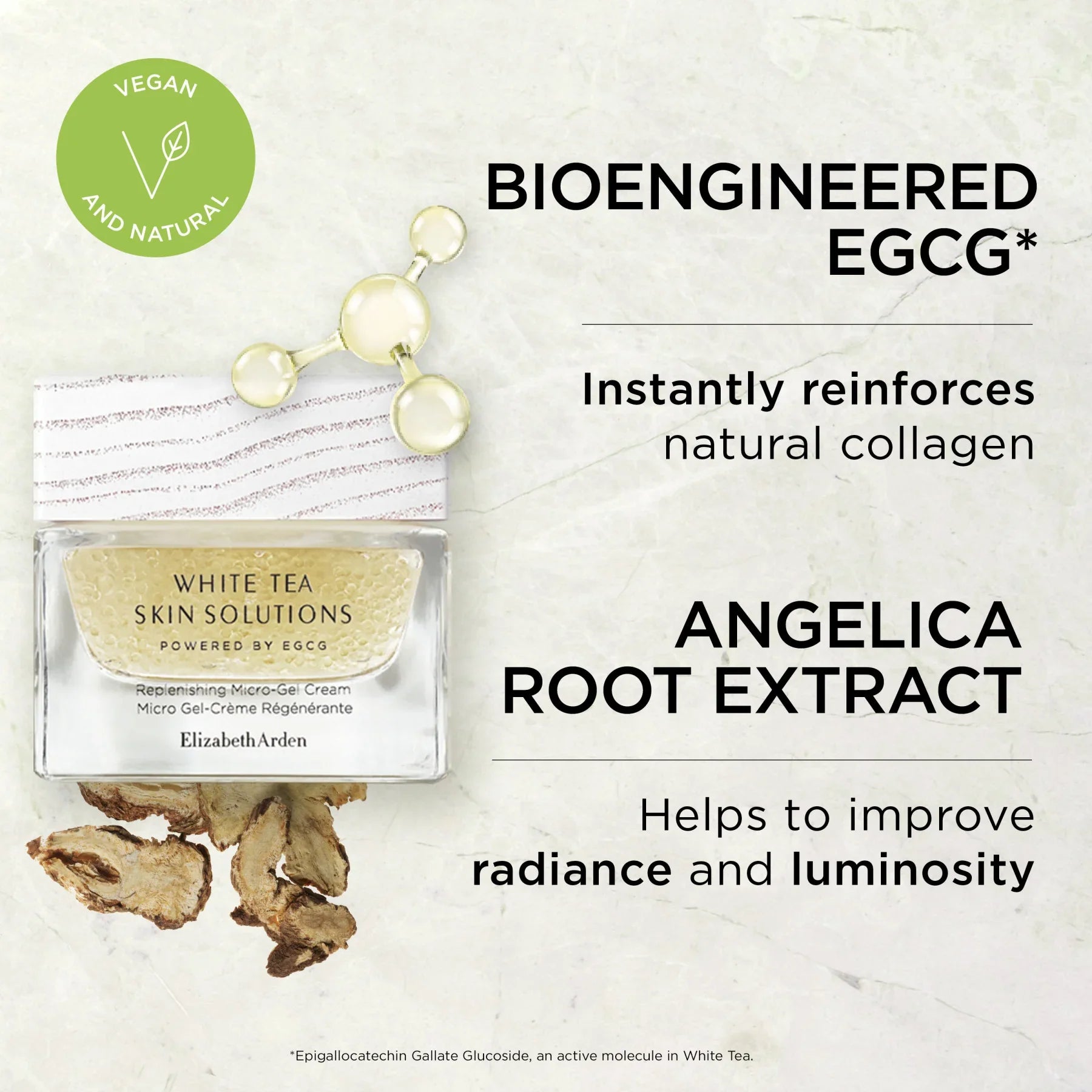 קרם WHITE TEA של Elizabeth Arden על רקע מרקם טבעי, חותמת טבעוני ותמצית שורש אנג'ליקה