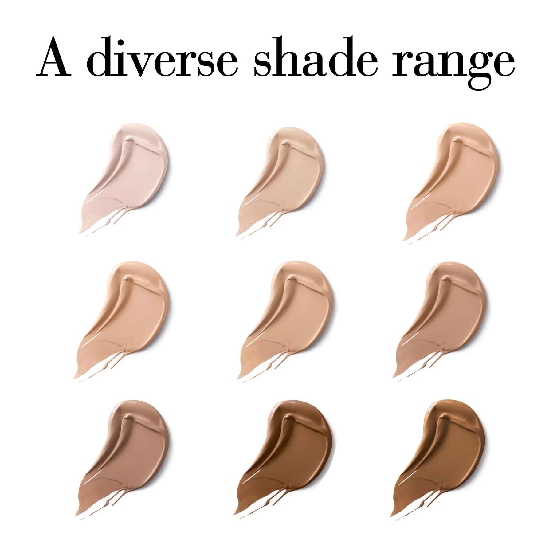 טווח גווני מייקאפ מגוונים, שלושה שורות של דגימות מרקם על רקע לבן, ב-CHOZEN