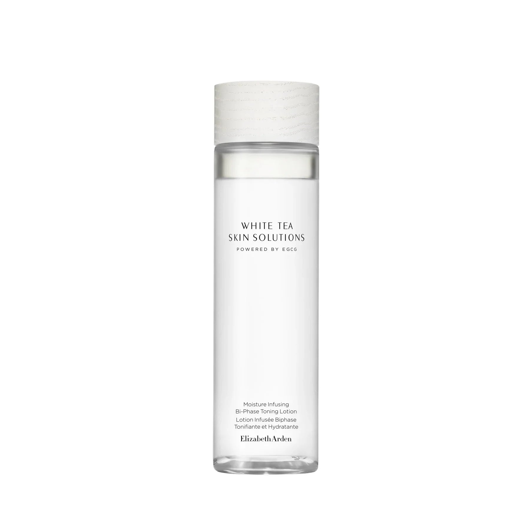 בקבוק לושן דו-פאזי Elizabeth Arden White Tea Skin Solutions על רקע לבן, מוצר טיפוח יוקרה