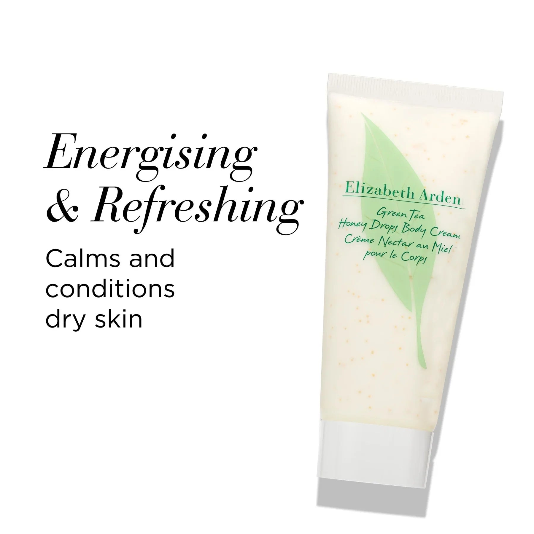 קרם גוף אליזבת ארדן Green Tea Honey Drops מוצג לצד טקסט על יתרונות לעור יבש, בחנות CHOZEN