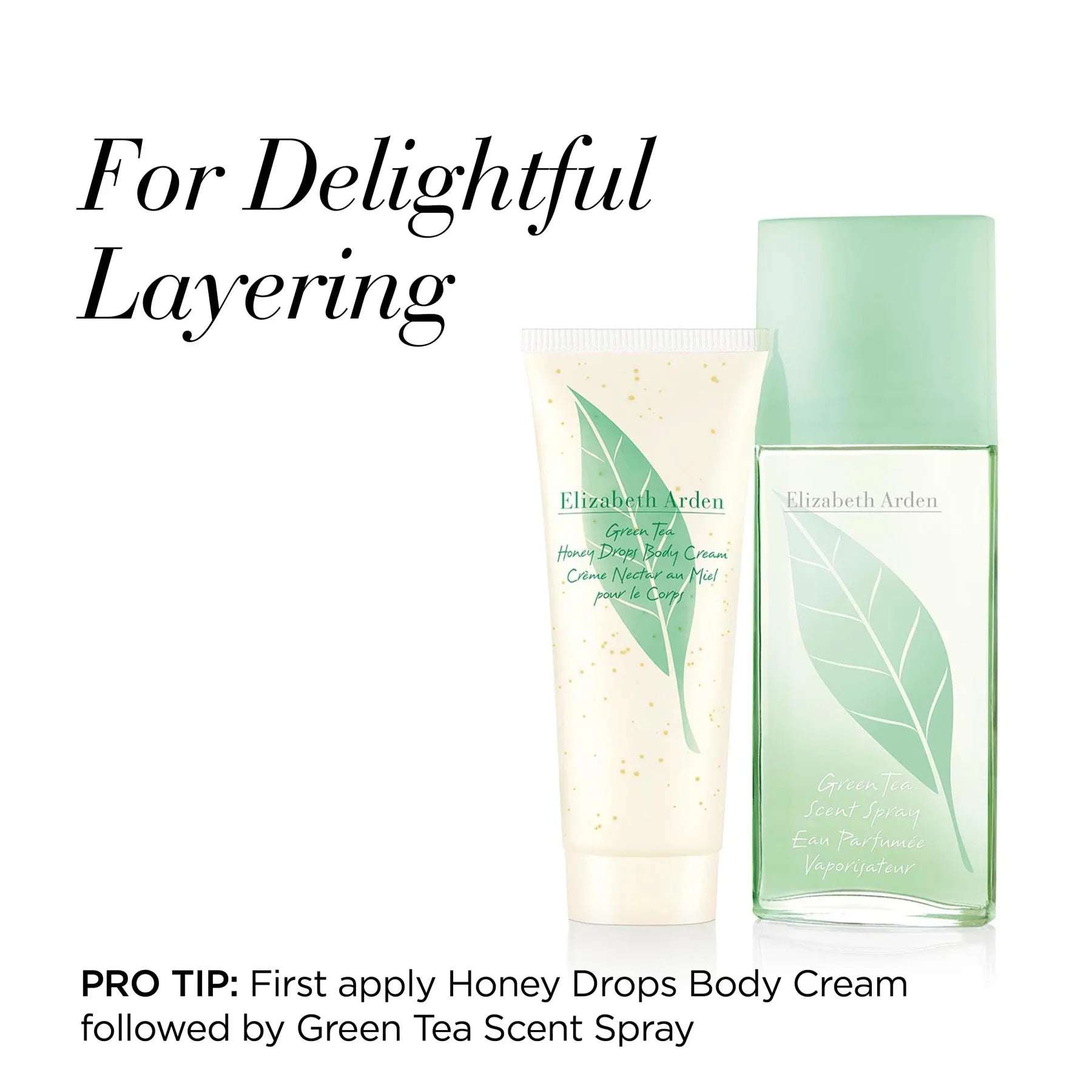 סט קרם גוף וספריי תה ירוק אליזבת ארדן, מוצג עם טקסט טיפים לטיפוח, CHOZEN