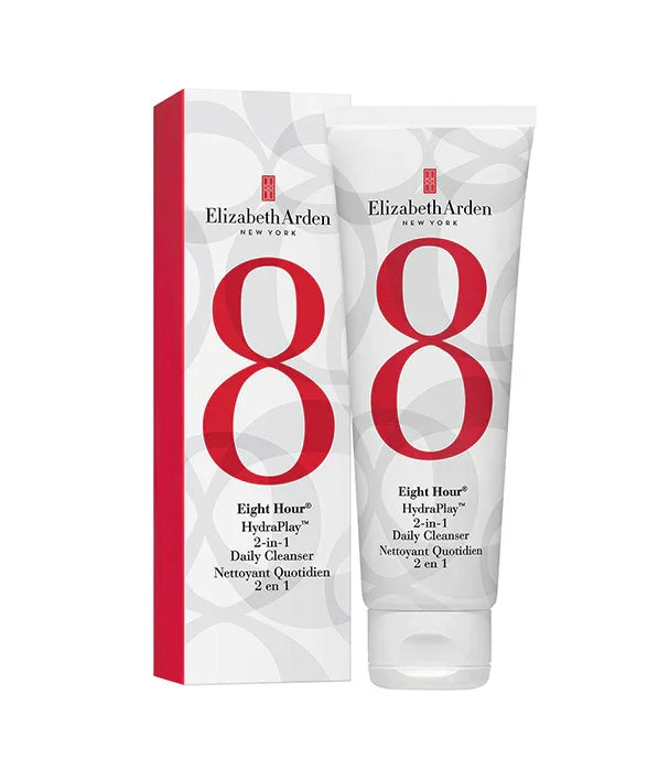 תמונת מוצר Elizabeth Arden Eight Hour HydraPlay 2-in-1 Daily Cleanser מאריזת קופסה ושפורפרת רקע לבן, מותג יוקרתי באתר CHOZEN