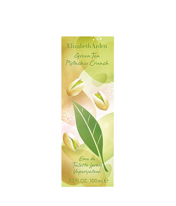 אריזת בושם Elizabeth Arden Green Tea Pistachio Crunch בעיצוב ירוק עם עלה ופיסטוקים