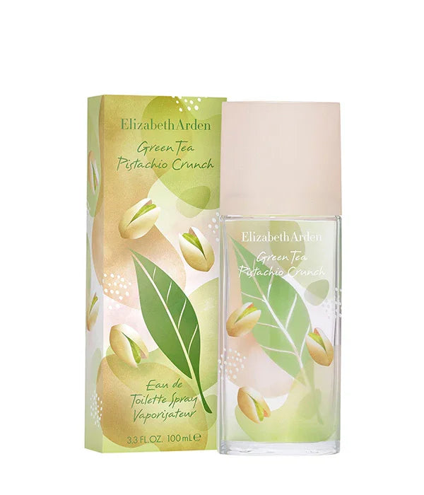 בושם אליזבת ארדן Green Tea Pistachio Crunch בקבוק ואריזה מעוצבים בגרפיקה של פיסטוקים ועלי תה