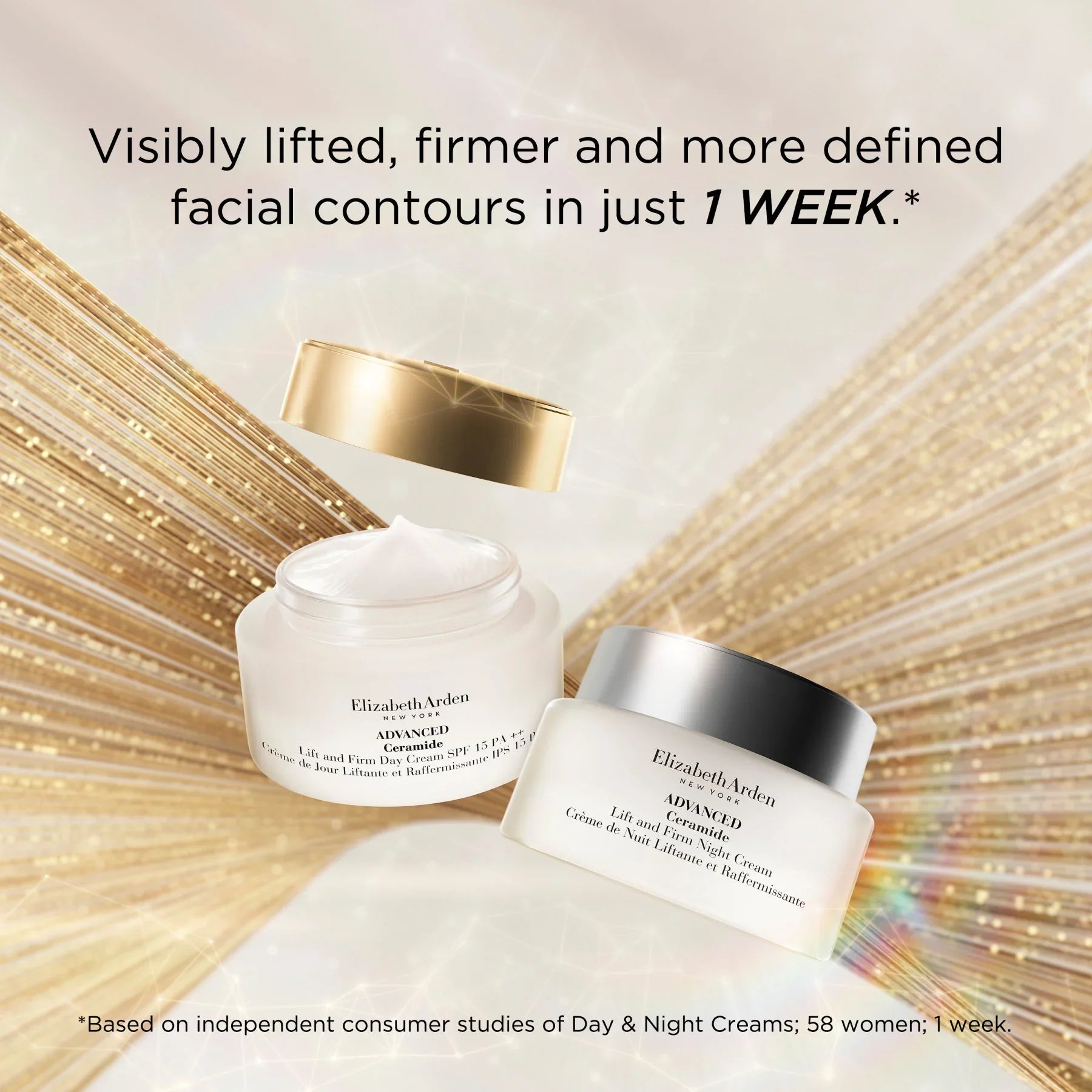 קרמי יום ולילה של Elizabeth Arden Advanced Ceramide עם עיצוב יוקרתי על רקע זהוב, מיבואן רשמי CHOZEN