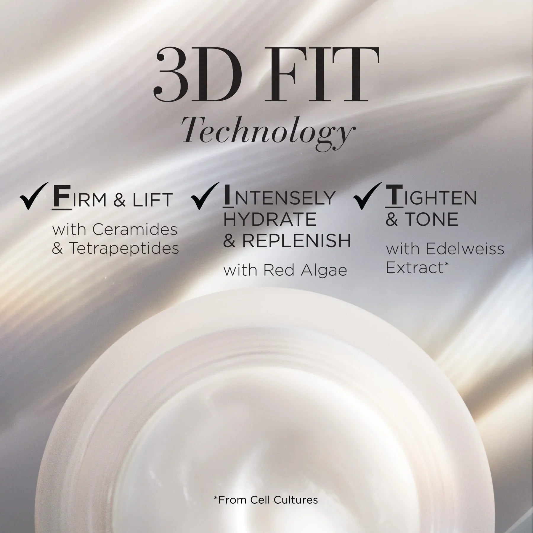 קרם טיפוח CHOZEN עם טכנולוגיית 3D FIT למיצוק, לחות והזנה, ברקע עדין