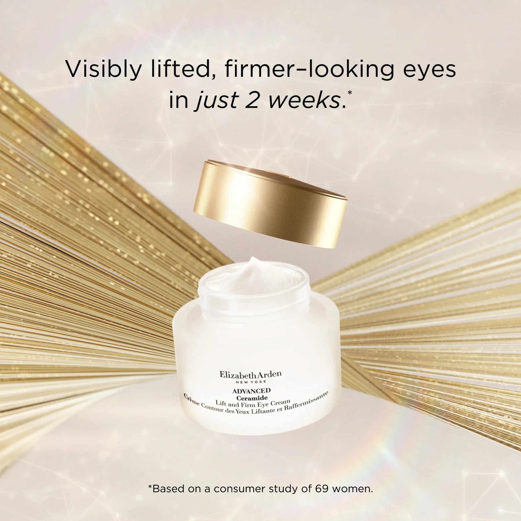 קרם עיניים אליזבת ארדן Advanced Ceramide עם מכסה זהב, רקע זהוב יוקרתי, מבית CHOZEN