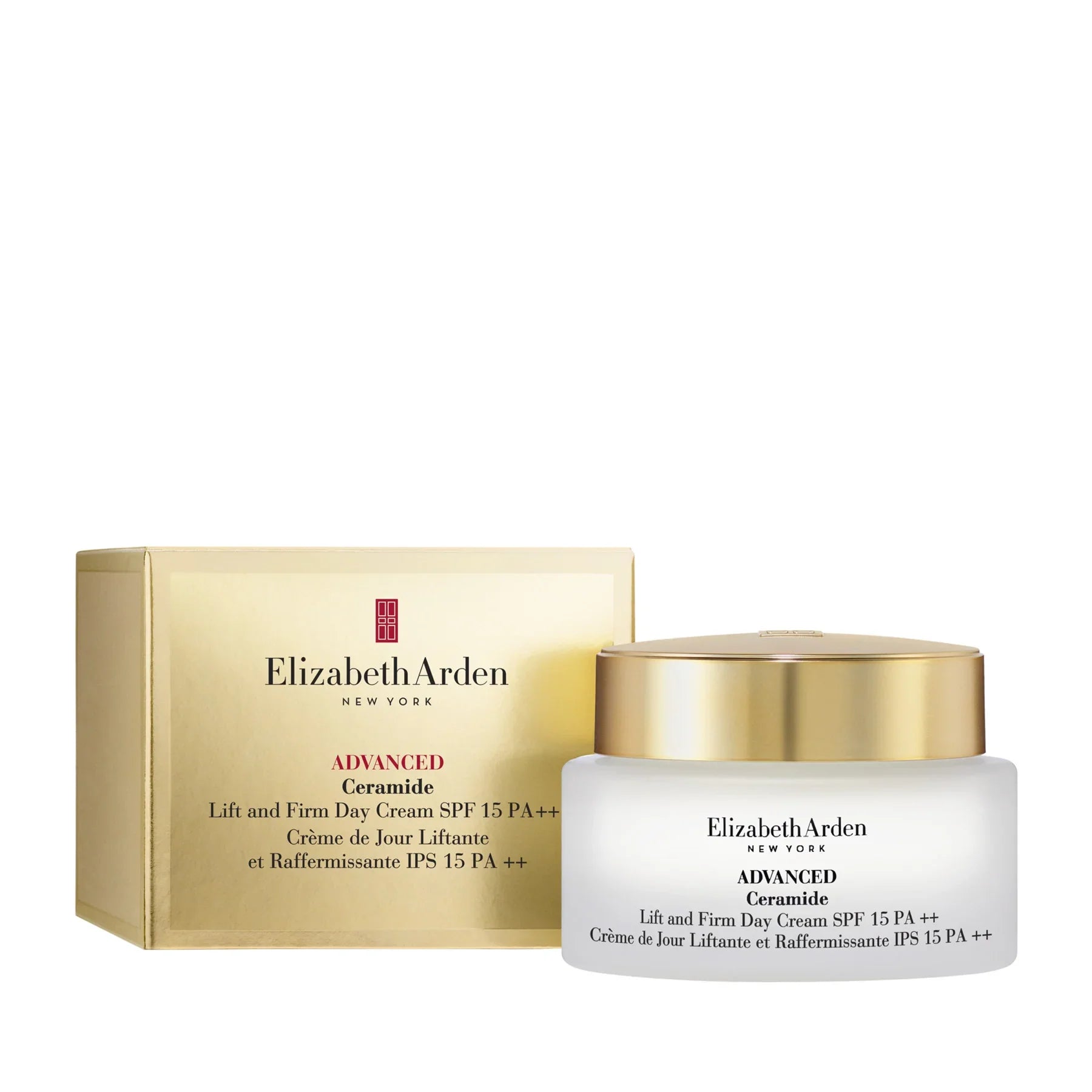קרם יום אליזבת ארדן Advanced Ceramide באריזה זהובה, מוצג על רקע לבן ב-CHOZEN