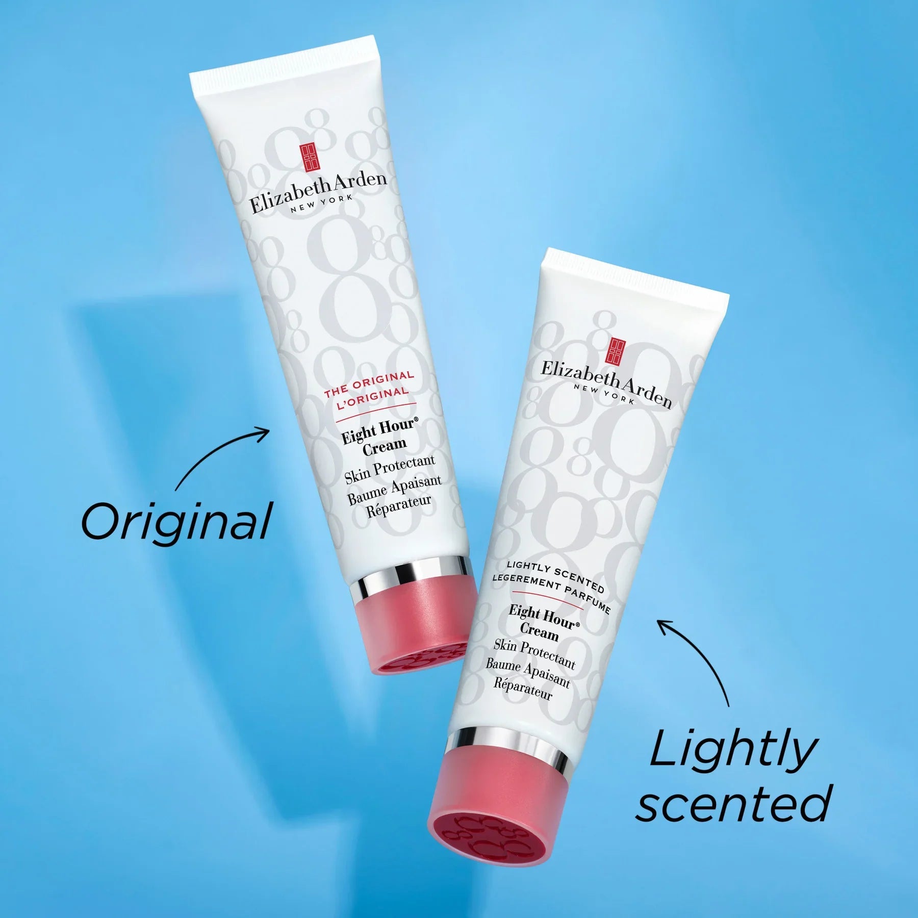שני קרמים לפנים של Elizabeth Arden Eight Hour, גרסה מקורית ומבושמת, רקע כחול, CHOZEN