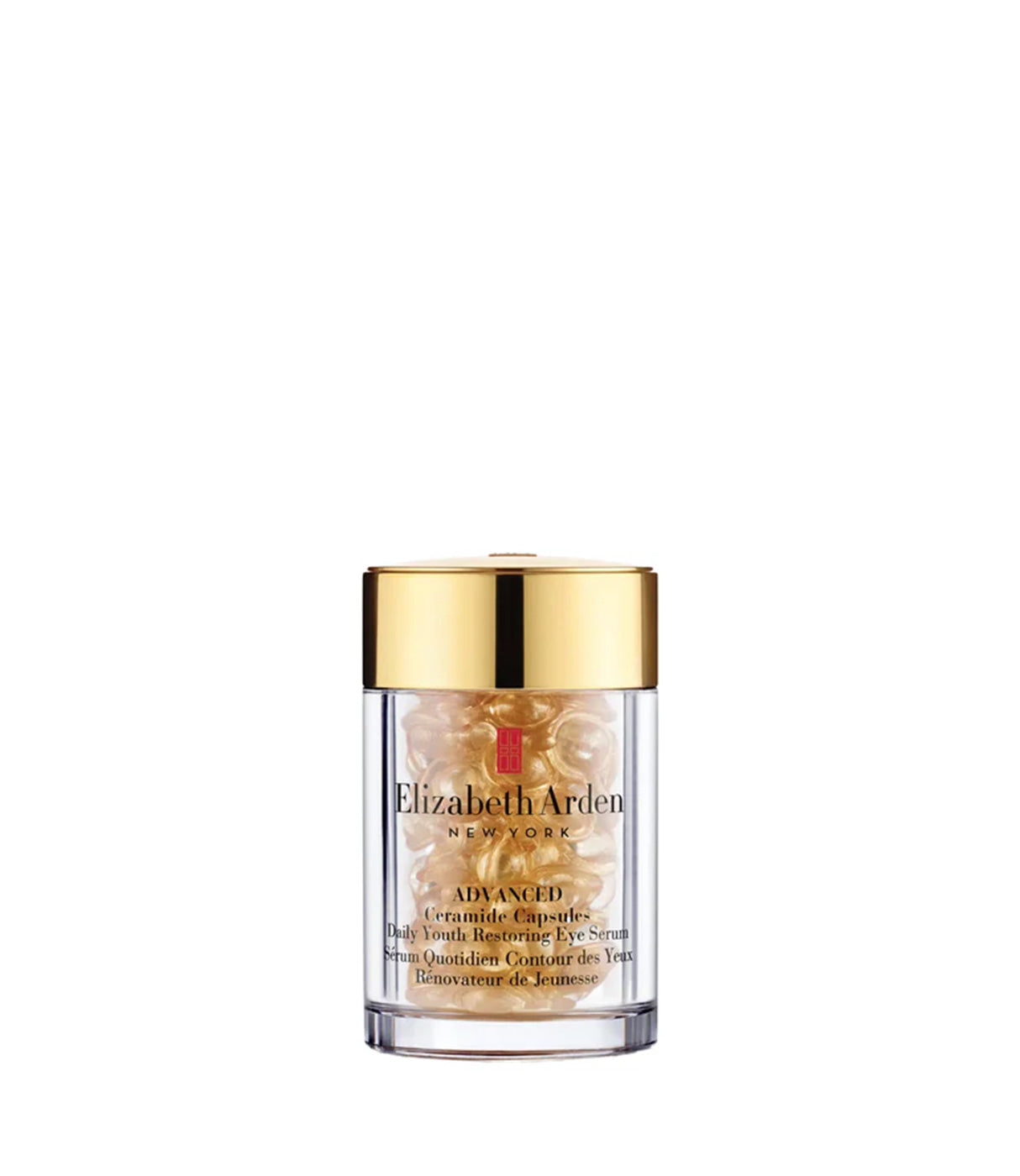 סרום קפסולות מתקדם לאזור העיניים אליזבת ארדן, בקבוק עם פקק זהב רקע לבן