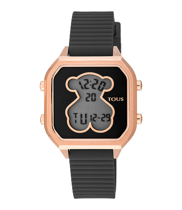 טואוס שעון D-Bear מפלדת IP ורדרדה עם רצועת סיליקון שחורה