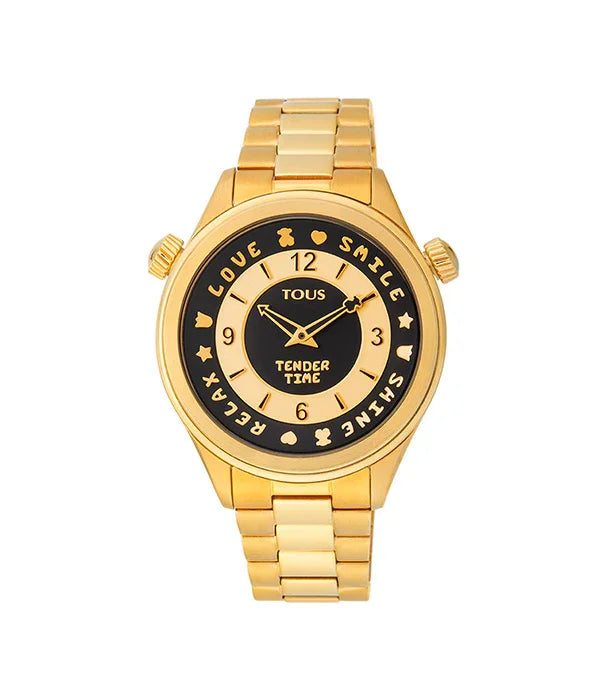 שעון יד זהב לנשים TOUS בעיצוב יוקרתי, רקע שחור עם כיתובים, מקבוצת אלפא CHOZEN