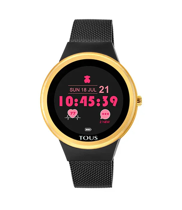 שעון חכם TOUS עם מסגרת זהב ורצועה שחורה, תצוגה דיגיטלית צבעונית, נמכר ב-CHOZEN