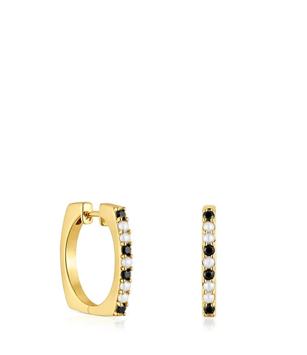 עגילי חישוק זהב מרובעים עם אבני שחור ולבן, תכשיטים יוקרתיים מבית CHOZEN