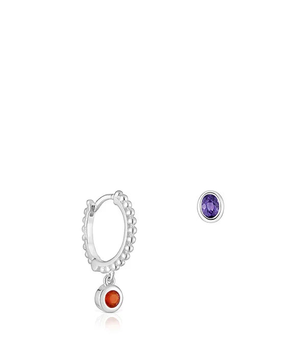 עגיל כסף מעוצב עם תליון אבן אדומה וצמוד אבן סגולה, תכשיטי CHOZEN