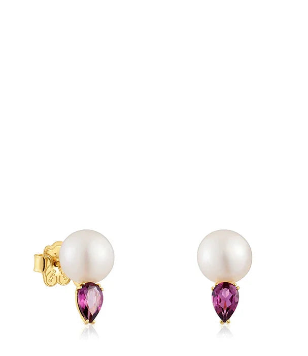 עגילי פנינה עם אבן סגולה משובצת בזהב, תכשיטי יוקרה CHOZEN