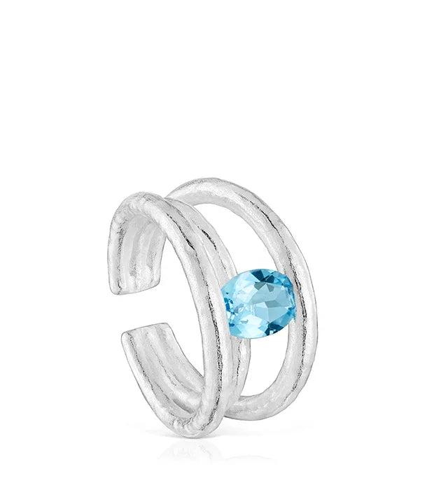 עגיל כסף פתוח בעיצוב כפול עם אבן טופז כחולה, תכשיט יוקרתי CHOZEN