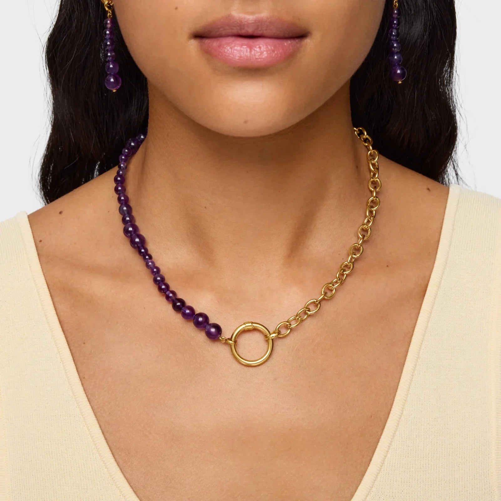 שרשרת זהב עם חרוזי אמטיסט סגולים ועגיל תואם, אופנה יוקרתית CHOZEN