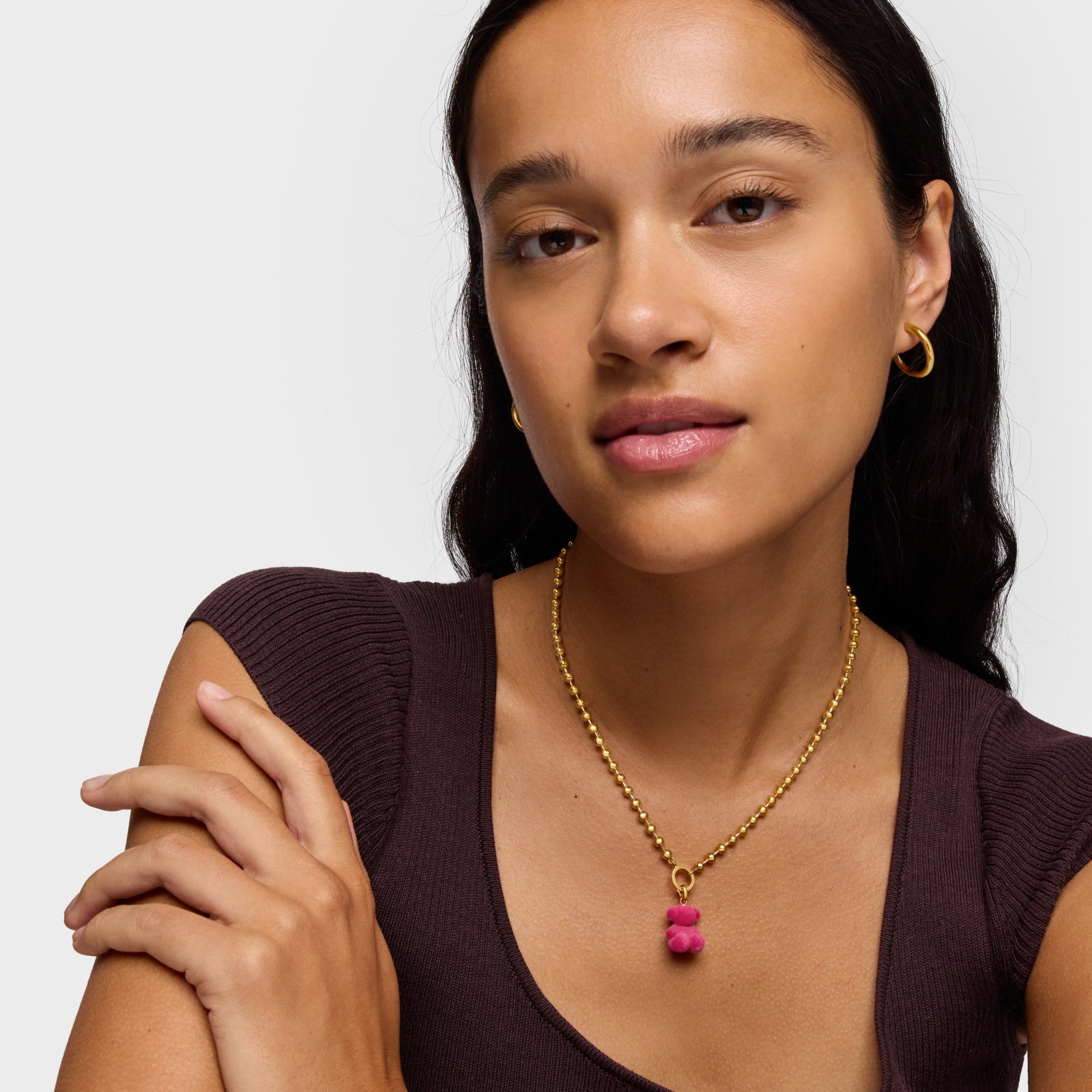 טואוס תליון דובי קטיפה ורודה Bold Bear מכסף ועליו זהב 18 קראט