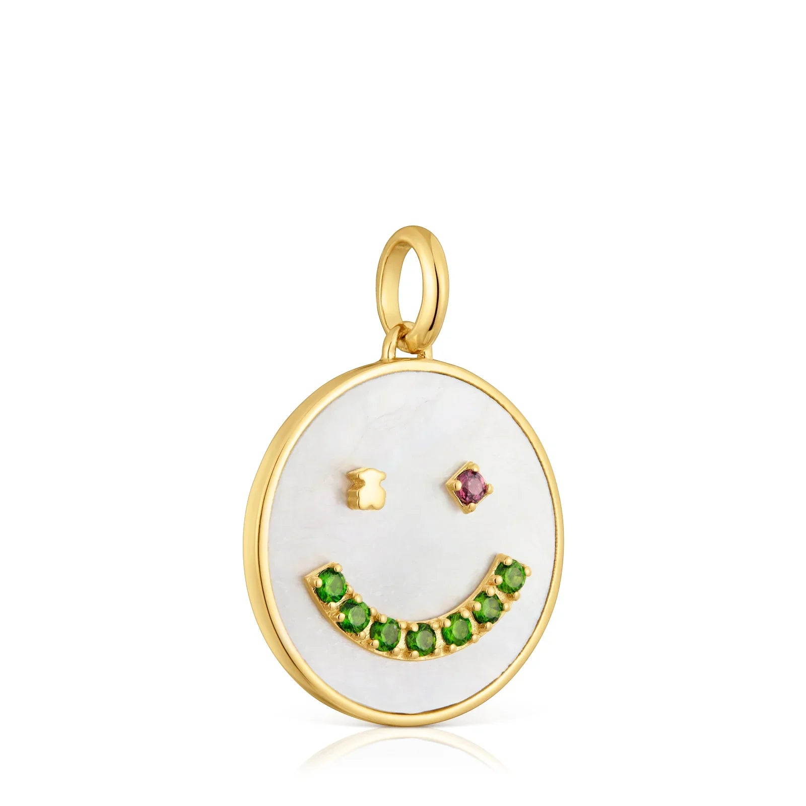 תליון עגול מזהב בעיצוב סמיילי, משובץ אבנים ירוקות וורודה, תכשיטי CHOZEN