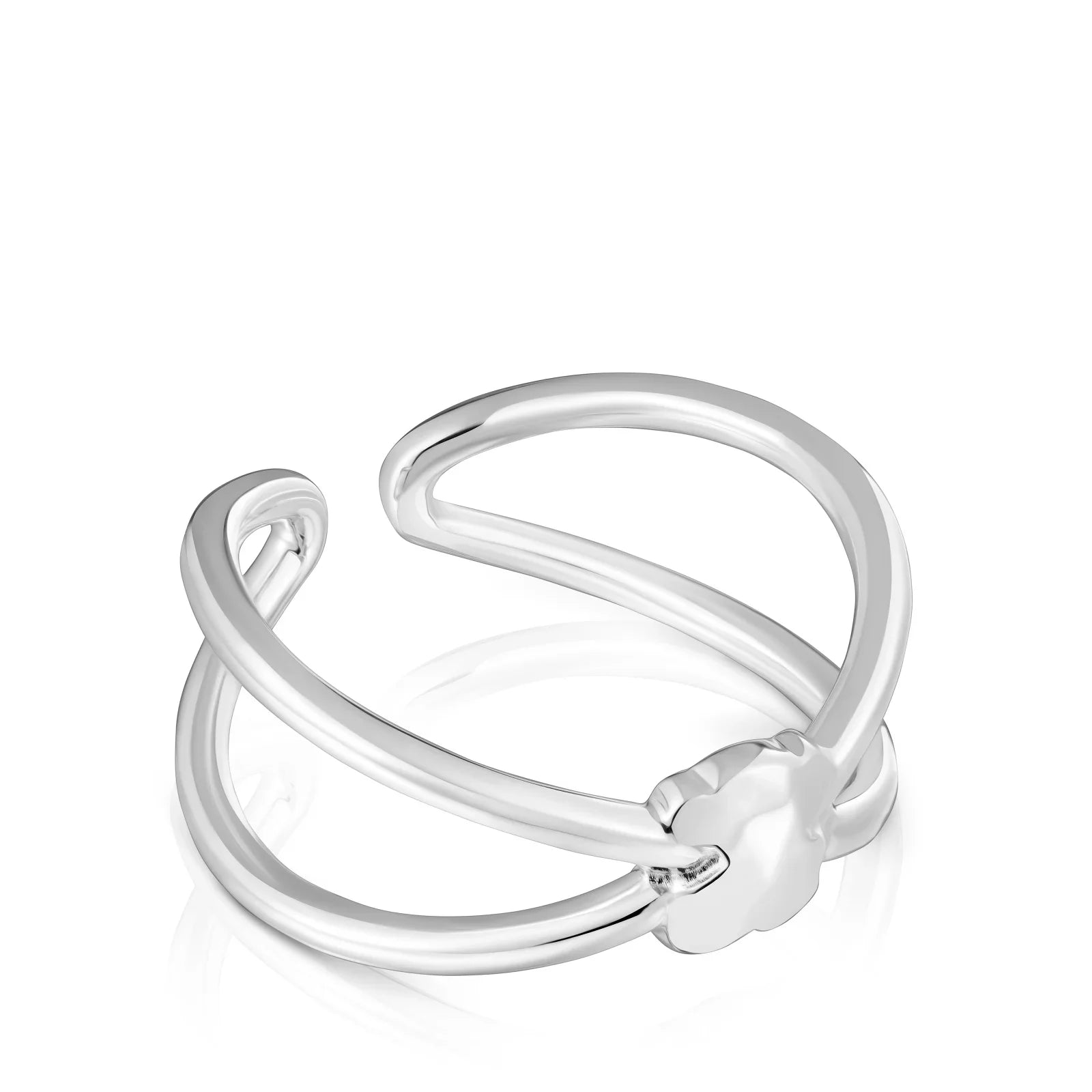 טבעת כסף פתוחה בעיצוב מודרני עם אלמנט פרח, מוצג רקע לבן, CHOZEN תכשיטים איכותיים