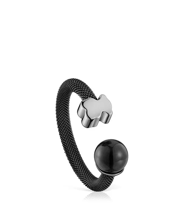טבעת פתוחה בצבע שחור עם קישוט כסוף וכדור שחור, עיצוב אופנתי CHOZEN