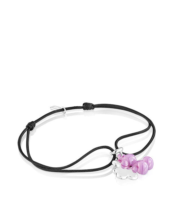 טואוס צמיד ניילון שחור Bold Bear בשילוב דובי כפול מכסף וקרמיקה בצבע סגול