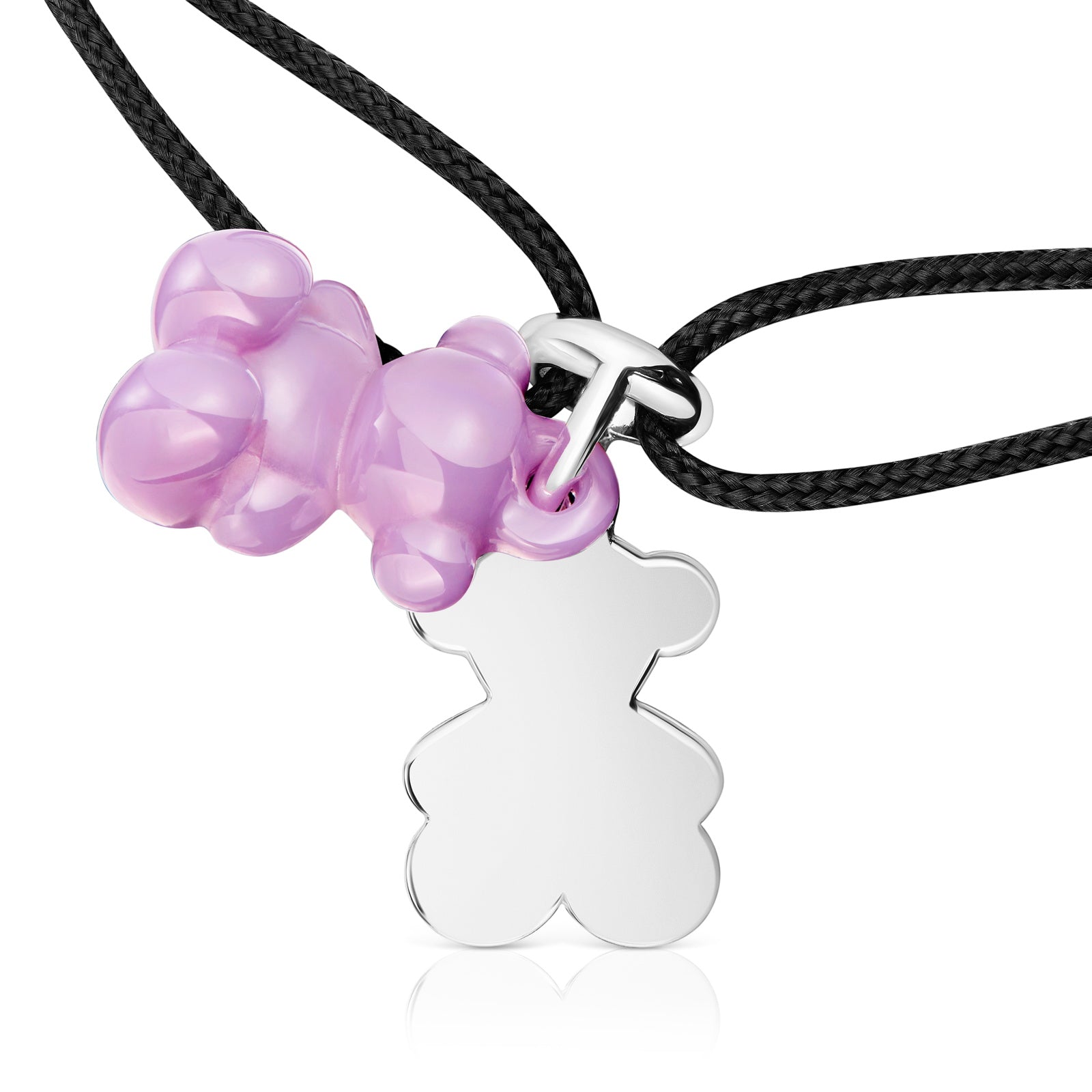 טואוס צמיד ניילון שחור Bold Bear בשילוב דובי כפול מכסף וקרמיקה בצבע סגול