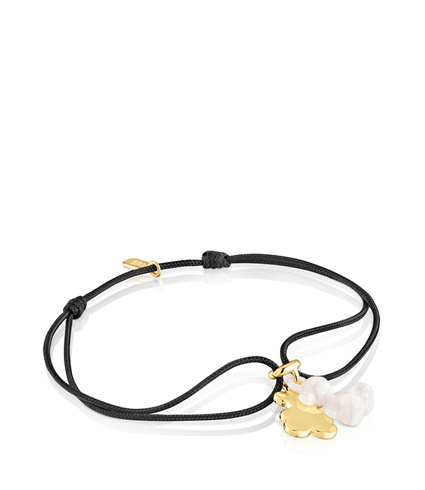 טואוס צמיד ניילון שחור Bold Bear בשילוב דובי כפול מכסף ועליו זהב 18 קראט וקרמיקה בצבע לבן