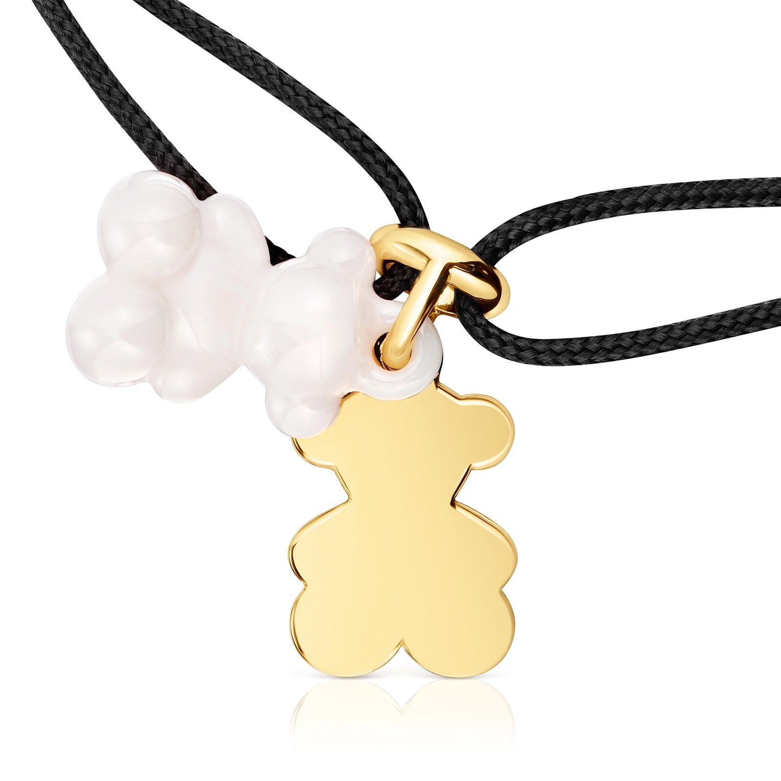 טואוס צמיד ניילון שחור Bold Bear בשילוב דובי כפול מכסף ועליו זהב 18 קראט וקרמיקה בצבע לבן