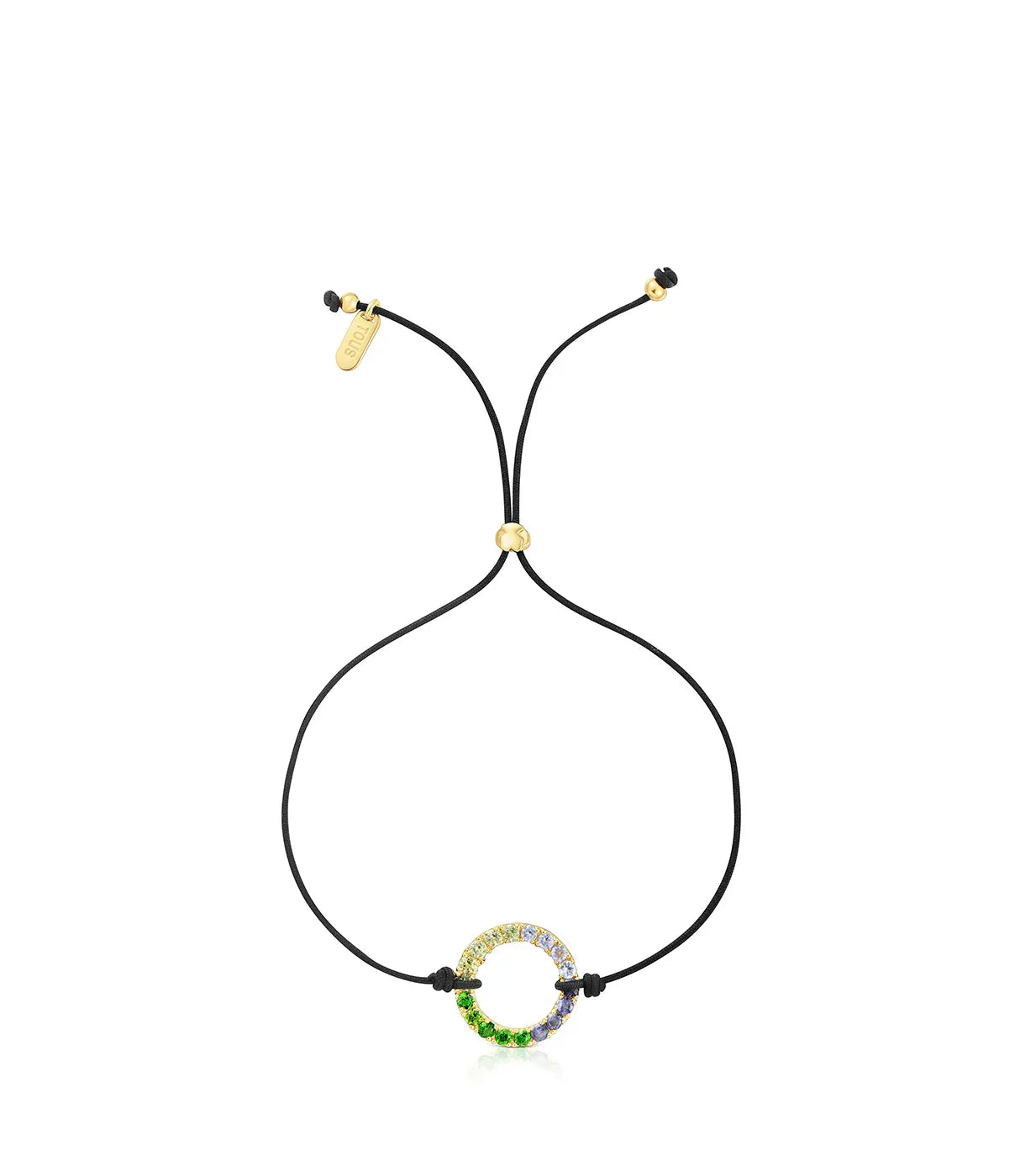 צמיד בד שחור עם תליון עיגול מוזהב משובץ אבני חן צבעוניות, עיצוב אלגנטי ועדין