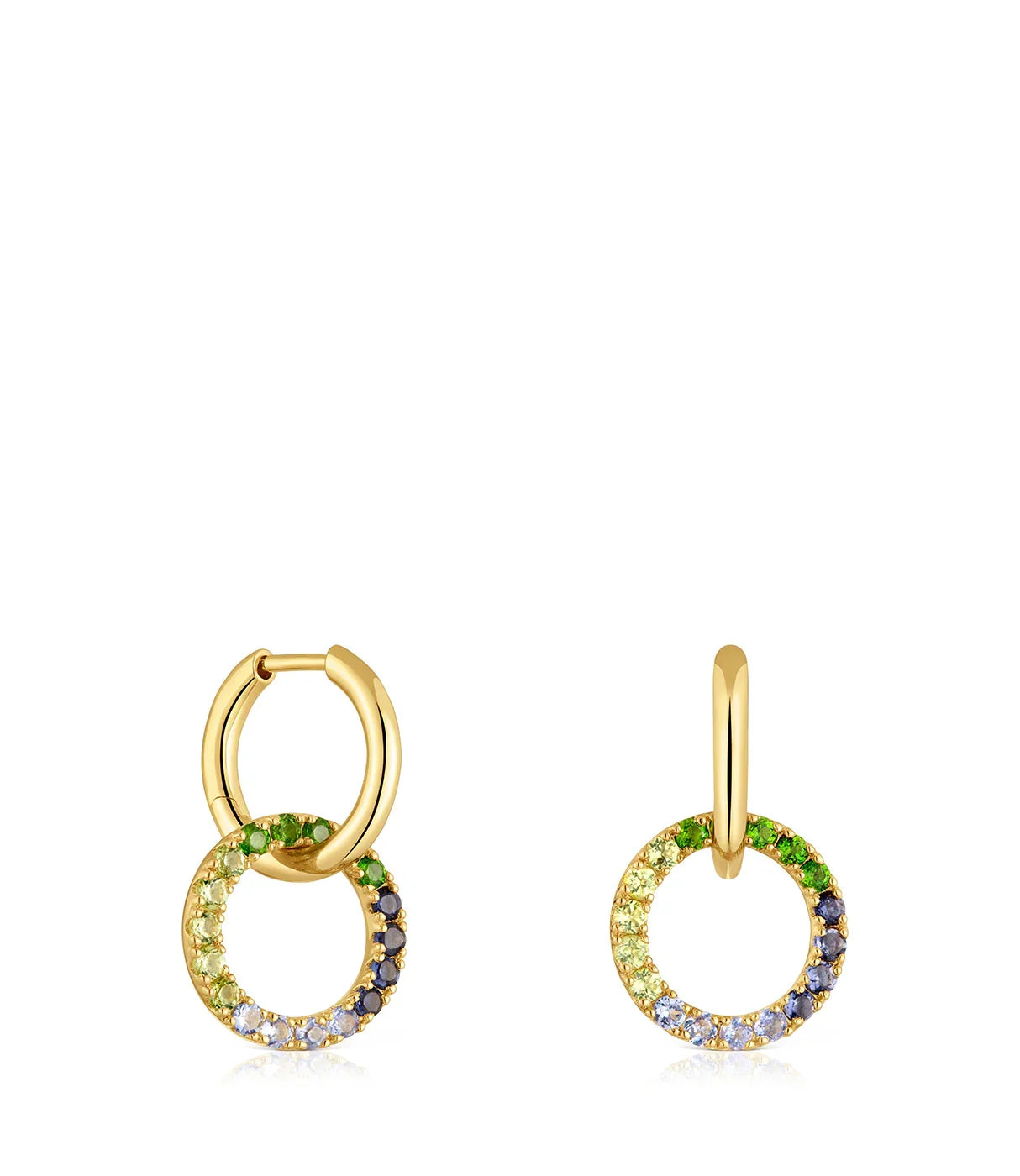 עגילי חישוק זהב עם תליון עגול משובץ אבני חן צבעוניות, תכשיטים לאישה