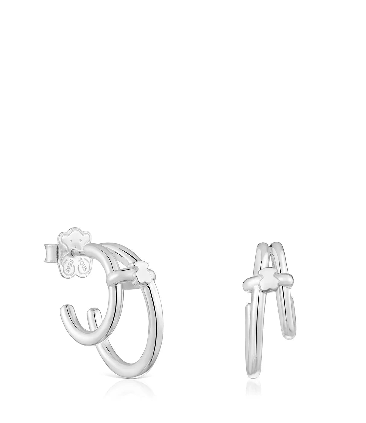 עגילי כסף צמודים בעיצוב טבעת כפולה עם דיטייל פרח, תכשיט אופנתי לנשים