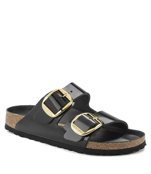 סנדל בריקנסטוק שחור עם שני רצועות אבזמים מוזהבים, נעלי מותגים CHOZEN