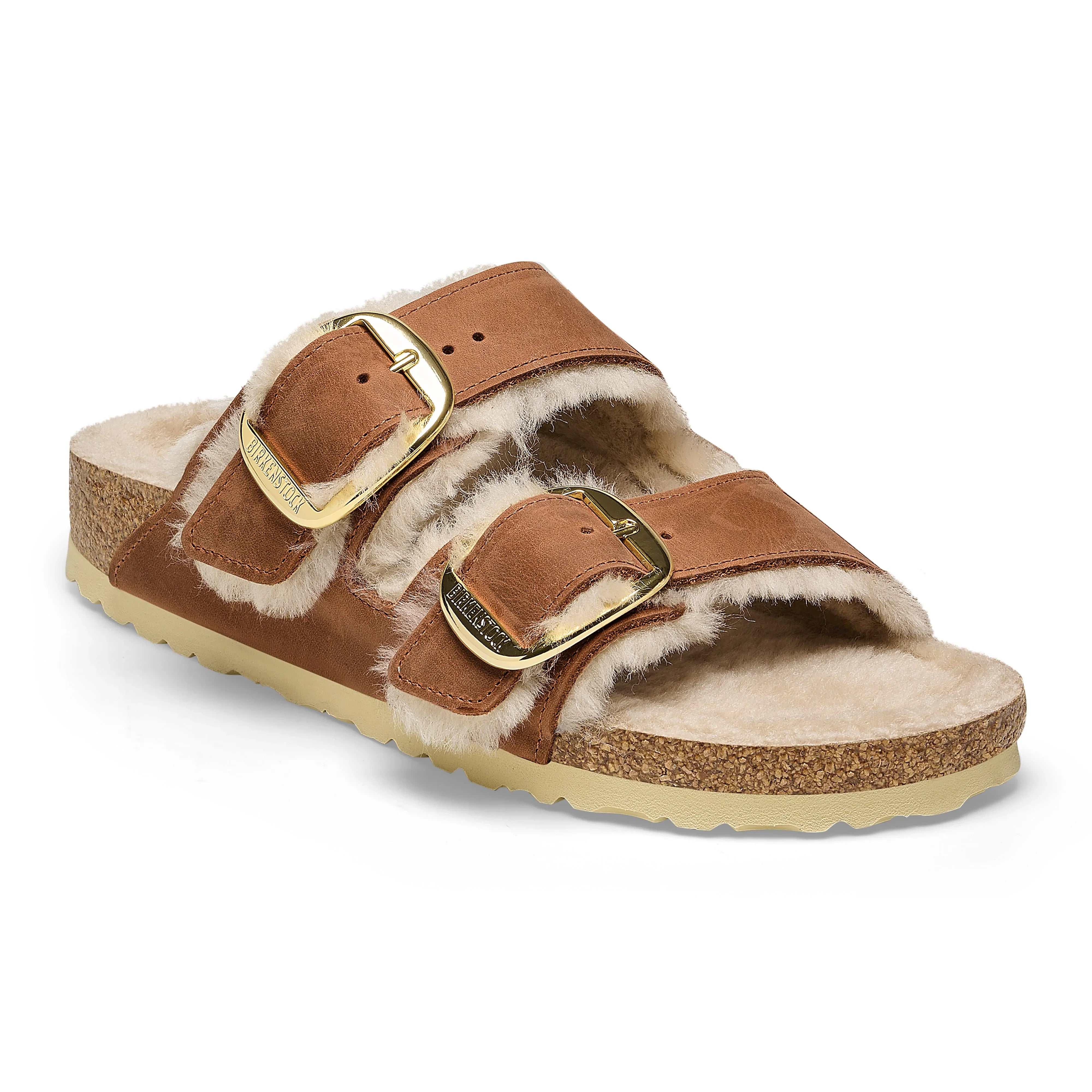 סנדל Birkenstock חום עם אבזמים זהב וריפוד פרווה, אופנה CHOZEN, בלעדי קבוצת אלפא