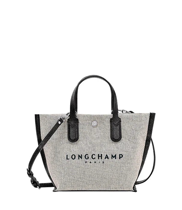 תיק יד בד של LONGCHAMP עם רצועות עור שחורות, עיצוב יוקרתי, נמכר ב-CHOZEN